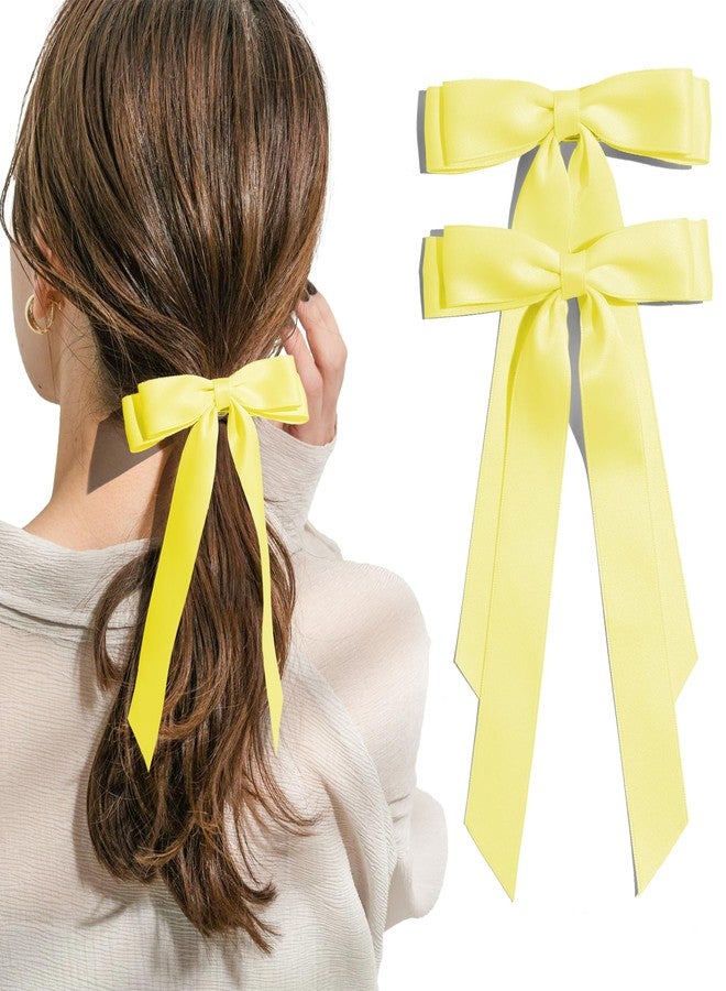 TULOBI 2PCS Yellow Hair Bows Solid Satin Polyester Ribbon Bow Hair Clips Ponytail Big French Hair Barrettes with Long Tail Wedding Dress Decor Hair Accessories for Women Toddler Teen Girls - Image 1